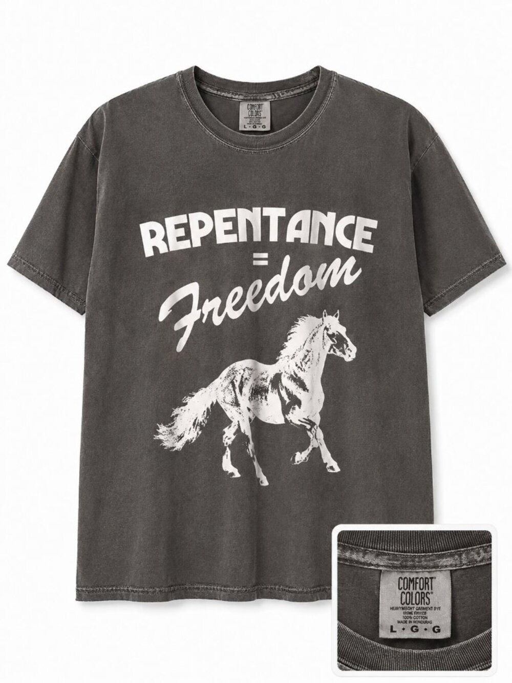 Comfort Colors Repentance = Freedom Graphic T-Shirt | Size Large | Vintage Wash